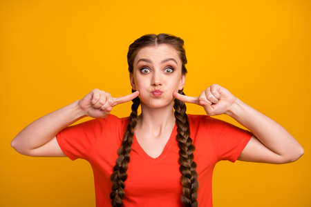 Photo of attractive crazy lady hold breath mouth full of air press fingers cheeks childish mood...