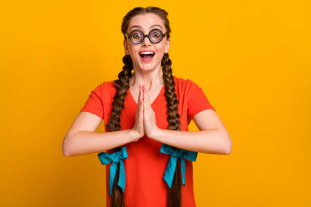 Photo of funny lady diligent pupil hold hands together with long pigtails ribbon bows wear freak specs casual red t-shirt isolated bright yellow color backgroundの写真素材