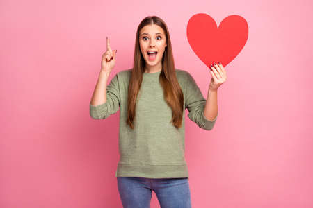 Astonished crazy girlfriend hold big red paper card heart get wonderful idea her secret admirer raise index finger up scream, wear casual style sweater isolated over pastel color backgroundの写真素材