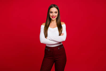 Portrait of positive elegant attractive charming lady company owner cross hands ready decide start-up decisions solutions wear good look trousers isolated over shine color backgroundの写真素材