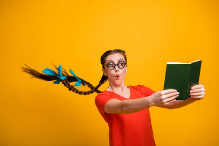 No way. Photo of funny student lady open mouth clever person hairdo flight read exciting book not...