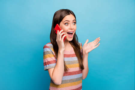Close-up portrait of her she nice lovely pretty charming cute positive cheerful cheery girl calling...