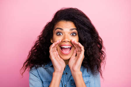 Close up photo of crazy amazed afro american girl hear unbelievable information share sales...