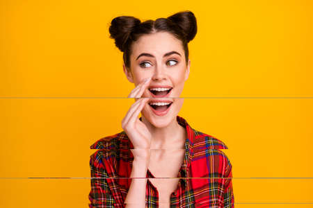 Photo of pretty funny curious lady two cute buns look side empty space hand near mouth say tell news gossips people crowd wear casual plaid shirt isolated yellow color backgroundの写真素材