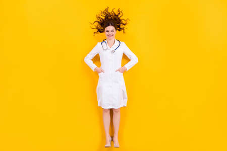 Full length top above high angle view photo successful woman surgeon flatlay ready save patients covid-19 virus pneumonia wear white doc coat high heels isolated bright shine color backgroundの写真素材
