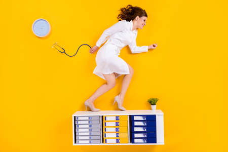 Top above high angle view full length profile side photo expert woman doc ride shelf first aid...