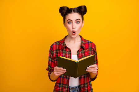 Photo of pretty student lady two buns open mouth hold book read adventure story unexpected intrigue...