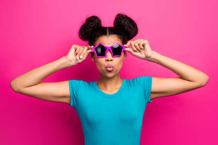 Photo of funky dark skin lady two buns chilling cool students party, summer time send air kisses...