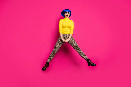 Full size photo of crazy lady jump high up addicted shopper open mouth excited mood wear specs...