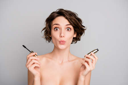 Portrait of astonished girl prepare for date try new mascara impressed by her ideal pure perfect...