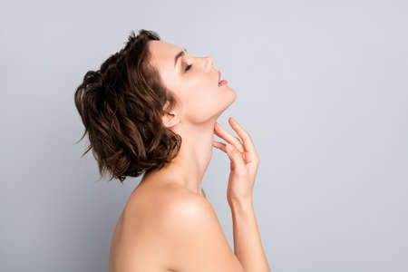 Closeup profile photo of attractive beautiful naked lady bob short hairstyle sensual aesthetic...