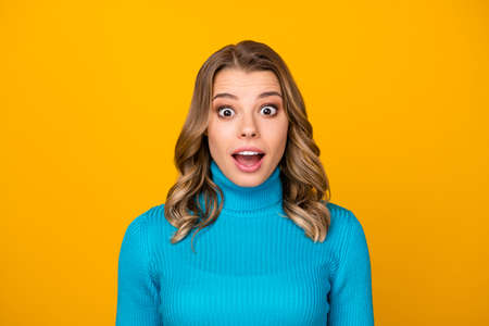 Closeup photo of attractive cheerful lady good mood open mouth listen unbelievable unexpected good...