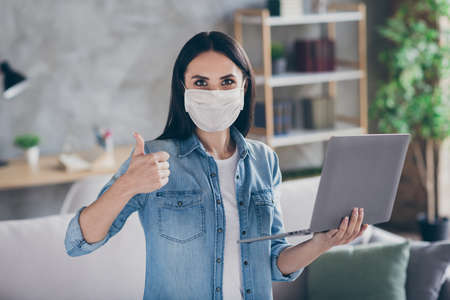 Portrait of positive girl covid-19 infection ill person have quarantine work home use laptop show...