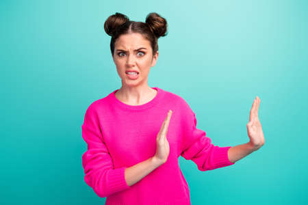 Portrait of attractive lovely pretty displeased girl refusing bad proposal isolated over bright...