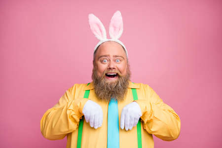 Close-up portrait of his he nice funky comic childish playful cheerful bearded guy wearing white...