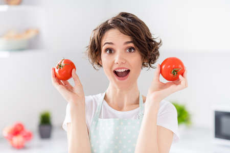 Photo of attractive funny house wife lady arms holding two big tomato playful mood enjoy morning cooking tasty dinner wait family guests wear apron stand modern kitchen indoorsの写真素材