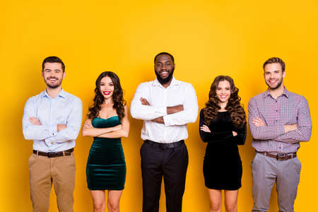Photo of attractive two ladies three macho guys diversity different races company students...