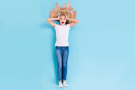 top above high angle view full length photo of astonished girl lay look incredible bargain impressed...
