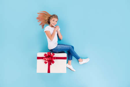 Top above high angle view full size photo adorable positive girl child sit lay big giftbox she get...