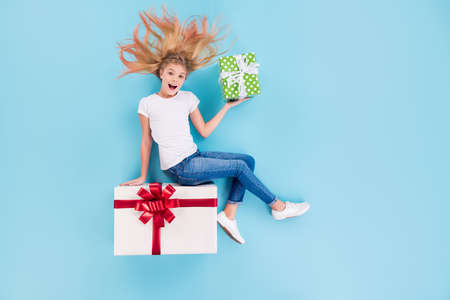 Top above high angle view full length photo astonished girl sit lay hold gift box she get...