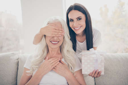 Portrait of two nice attractive lovely cheerful cheery women sitting on sofa granddaughter giving giftbox to grandma 8 March congrats greetings in white light interior house apartmentの写真素材