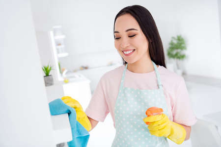 Photo of asian ethnicity housewife general cleaning disinfecting all surfaces home corona virus safety hold spray wear gloves apron t-shirt stand kitchen indoorsの写真素材