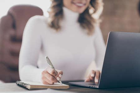 Cropped close-up portrait of her she nice attractive cheerful wavy-haired girl marketer editor...