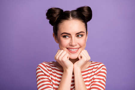 Closeup photo of pretty funny lady satisfied facial expression arms on cheeks look flirty side empty...