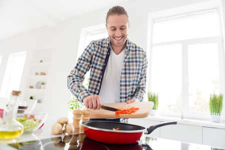 Portrait of positive cheerful man enjoy weekend cooking day prepare tasty delicious supper dinner add frying pan sliced pepper wear checkered plaid shirt in kitchen house indoorsの写真素材