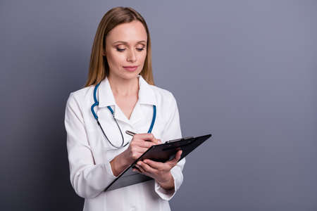Close-up portrait of nice attractive content focused blonde girl doc specialist therapist clinic...