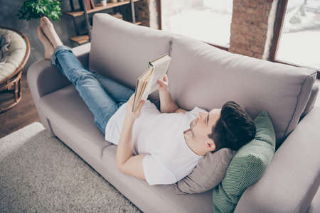 Profile side view portrait of his he nice attractive peaceful focused brunette guy lying on divan reading book spending day at modern industrial loft brick interior style living-roomの写真素材