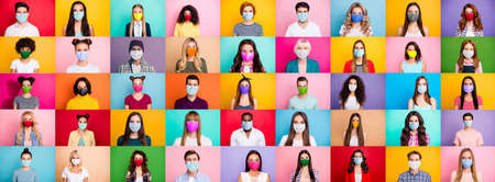 Photo multiple montage image of student kid afro human people of different age and ethnicity wearing surgical disposable and fabric breathing masks isolated over bright colorful backgroundの写真素材