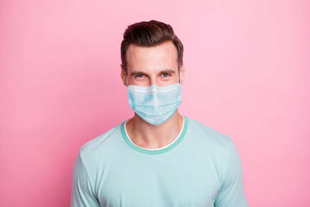 Close up photo of cheerful glad man look keep self-isolation social distance stop spread covid-19...