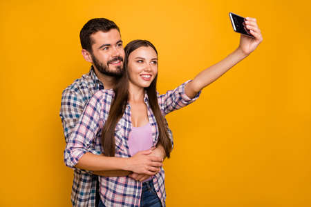 Portrait of affectionate romance married couple have date journey summer holiday make selfie...