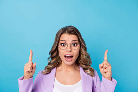 Close up photo astonished business lady indicate incredible ads promotion, scream wow omg point...