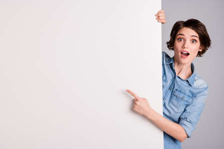 Photo of funny pretty cheerful lady holding hands paper direct finger side white empty space poster proposing buy advert place wear casual denim shirt isolated grey color backgroundの写真素材