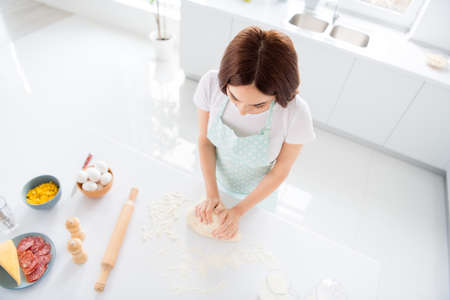 High angle above view photo of beautiful housewife lady enjoy hobby preparing cookies for family dinner forming making dough hands modern kitchen indoors casual clothingの写真素材