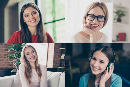 Multiple montage photo of group of person human lady of different age having live conversation in private channel using webcam on computer monitor screen display in time of covid-19の写真素材