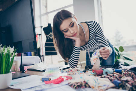 Close-up portrait of her she nice attractive lovely pretty focused tired bored seamstress...