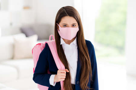 Photo of little student school girl student ready to go school hate epidemic rules facial masks...