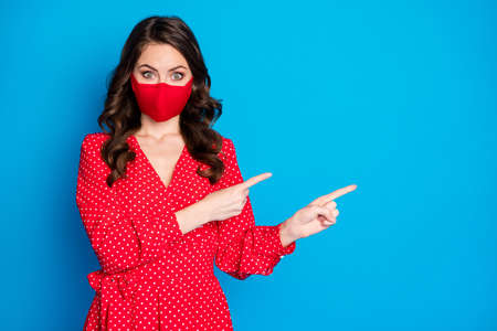 Photo of attractive pretty lady responsible citizen direct fingers empty space novelty information...