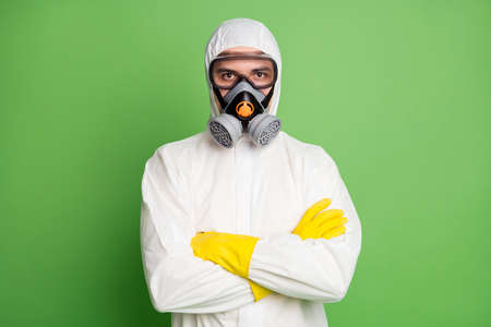 Portrait of medical worker man cross hands ready stop covid19 epidemic spreading wear hazmat uniform...