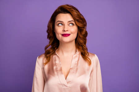 Closeup photo of pretty foxy lady flirty person red bright lipstick look up empty space creative...