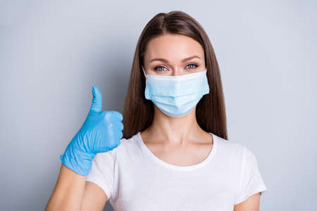 Closeup photo of pretty lady social distance people contact had hospital examination healthy person...