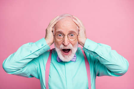 Closeup photo of funky cool grandpa toothy smile hands on head look discount prices wear specs mint...