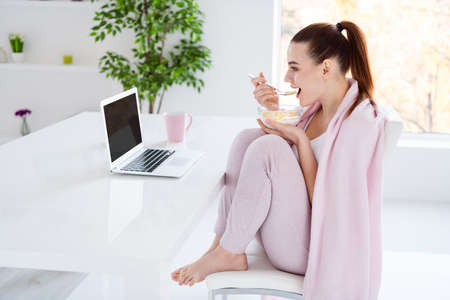 Profile photo of pretty homey housewife lady comfort sit morning kitchen covered blanket look...