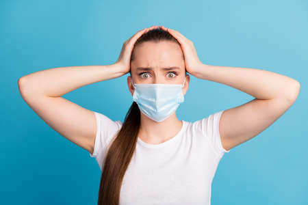 Closeup photo of scared lady keep social distance hospital examination see many people arms on head...
