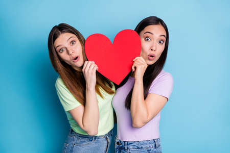 Photo of funny surprised lesbians couple ladies romance date hold big red paper heart shape peeking open mouth lovers anniversary wear casual t-shirts jeans isolated blue color backgroundの写真素材