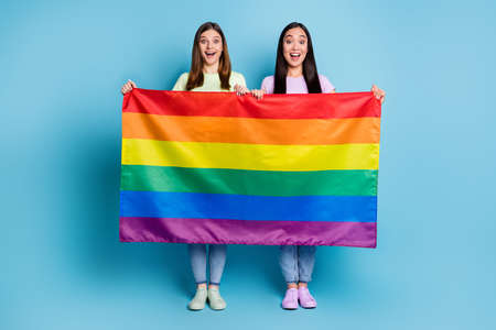 Full size photo of funny cheerful lesbians couple came foreign parade support tolerance same sex marriages hold gay rainbow flag wear casual t-shirts jeans isolated blue color backgroundの写真素材