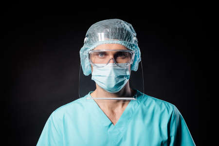 Closeup photo of expert doc virologist guy covid19 protection control concept wear goggles plastic...